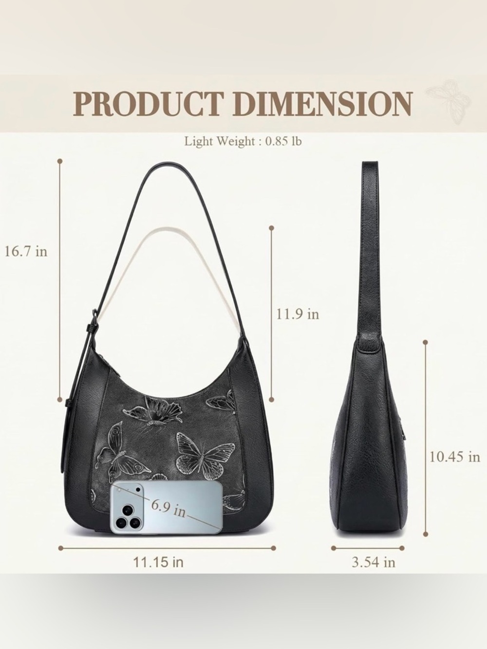 Cruelty Free VEGAN LEATHER Black BUTTERFLIES Butterfly Shoulder bag Purse boho - Picture 3 of 6